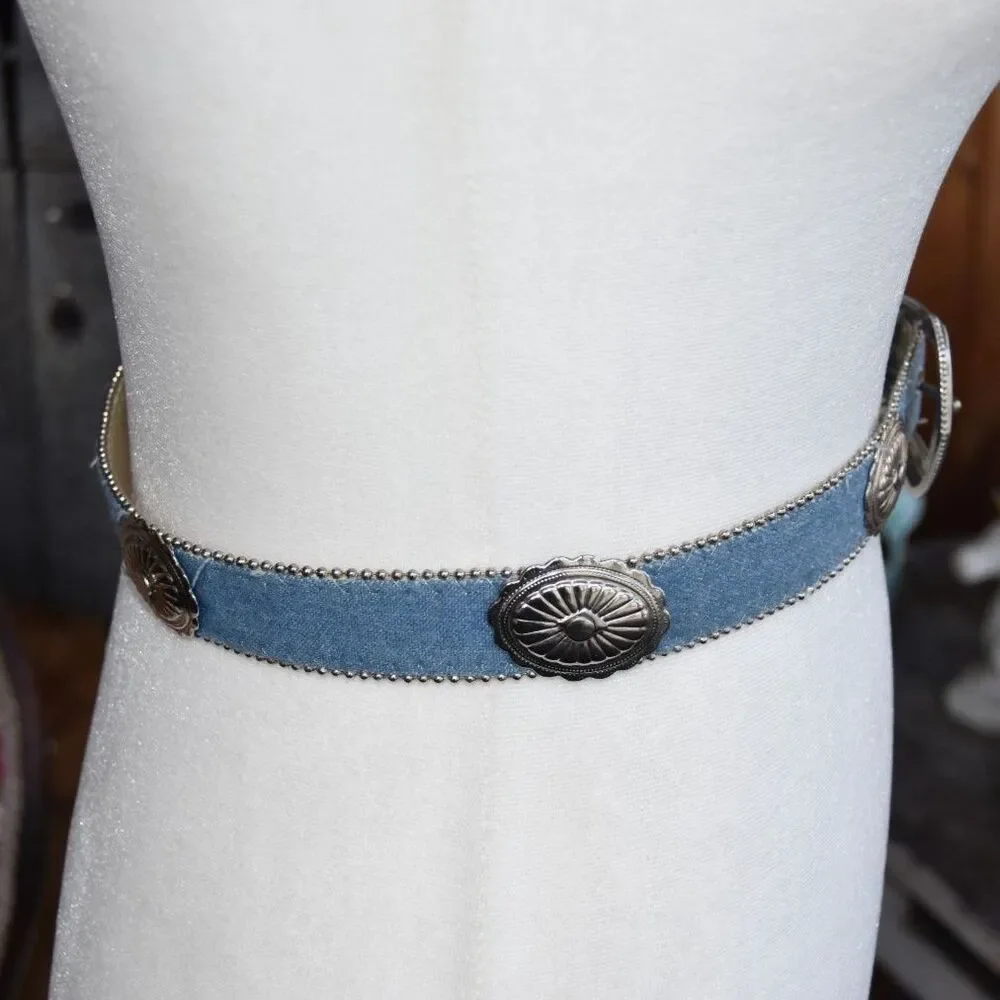 Vintage Y2K Denim Concho Belt Western Silver Studded XS S